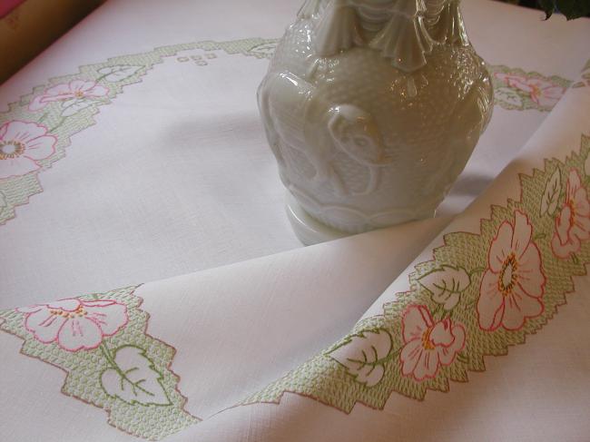 Stunning tablecloth with hand-embroidered crown of wild roses