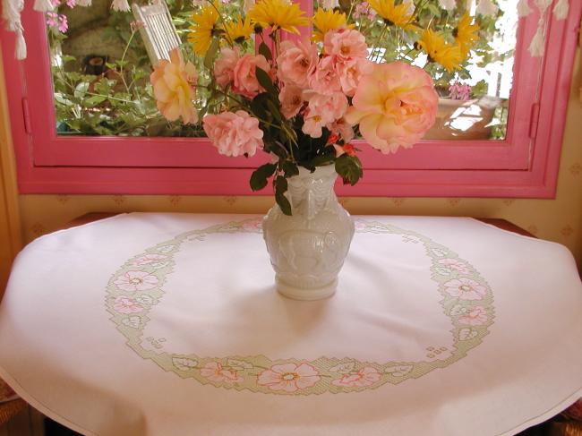 Stunning tablecloth with hand-embroidered crown of wild roses