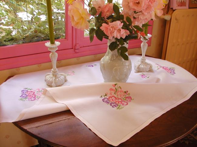 So cute tablecloth with hand-embroidered crown of sweat peas