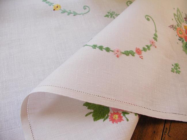 Gorgeous tablecloth with hand-embroidered bouquet of flowers