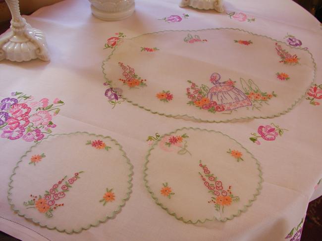 Lovely table service in organdi with embroidered Crinoline lady & garden flowers