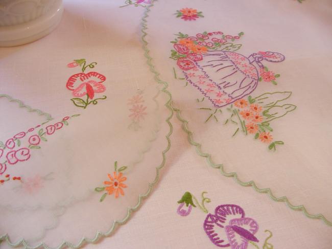 Lovely table service in organdi with embroidered Crinoline lady & garden flowers