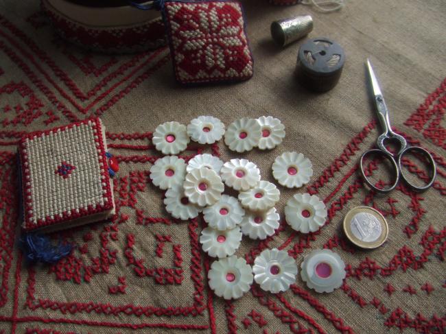 Superbe bouton de nacre blanche taillé en marguerite avec cabochon rose 1900