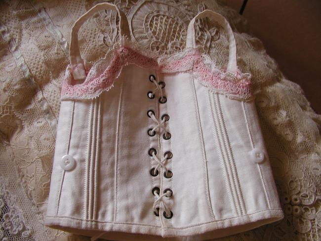 Adorable little corset for doll (Jumeau?) in ivory silk with Valenciennes lace