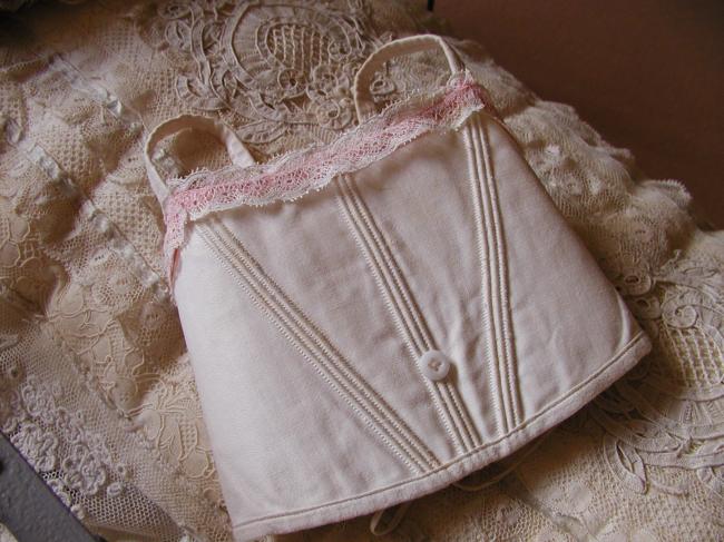 Adorable little corset for doll (Jumeau?) in ivory silk with Valenciennes lace