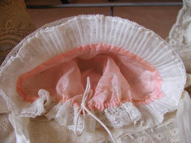 Exceptional doll bonnet with hand-embroidery Ayrshire and Valenciennes lace