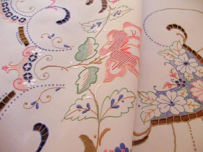 Masterpiece of tablecloth in Madeira work, rich color,embroidered flowers