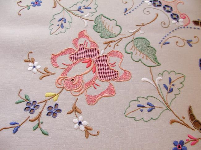 Masterpiece of tablecloth in Madeira work, rich color,embroidered flowers