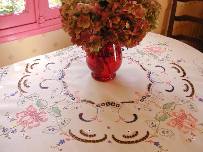 Masterpiece of tablecloth in Madeira work, rich color,embroidered flowers