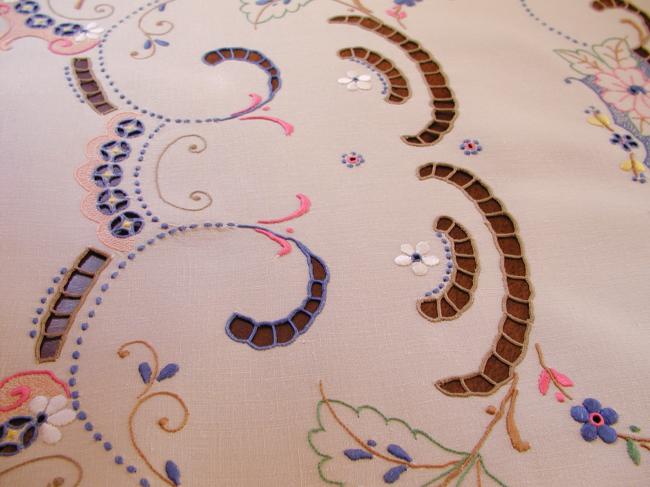 Masterpiece of tablecloth in Madeira work, rich color,embroidered flowers