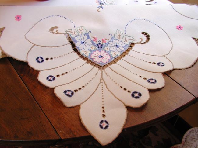 Masterpiece of tablecloth in Madeira work, rich color,embroidered flowers