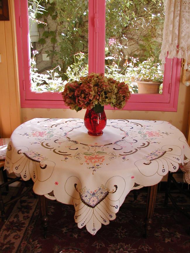 Masterpiece of tablecloth in Madeira work, rich color,embroidered flowers