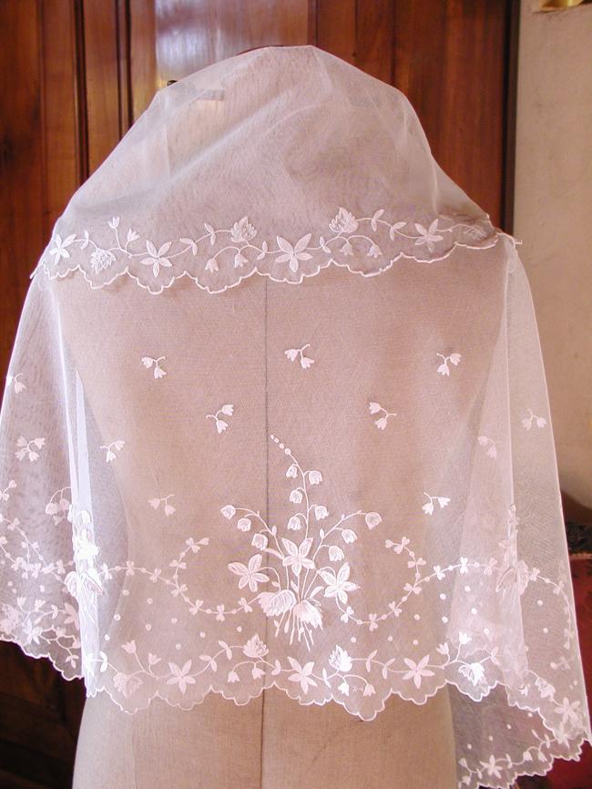 Exceptional bride veil with hand embroidered lily of the valley 1890