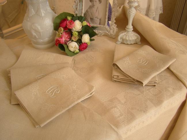 Superbe service de table et ses 12 serviettes, damas de lin, monogramme SD