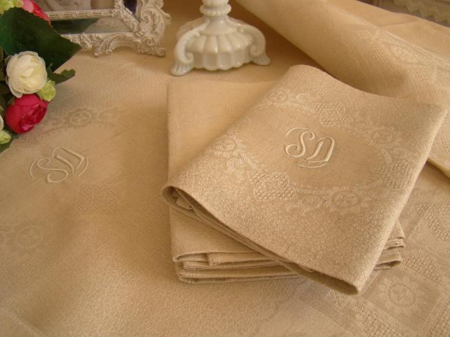 Superbe service de table et ses 12 serviettes, damas de lin, monogramme SD