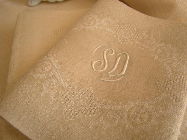 Superbe service de table et ses 12 serviettes, damas de lin, monogramme SD