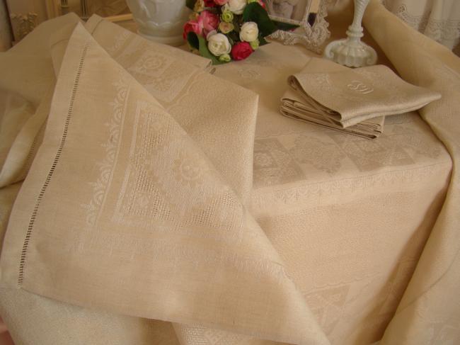 Superbe service de table et ses 12 serviettes, damas de lin, monogramme SD