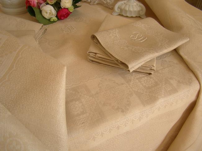 Superbe service de table et ses 12 serviettes, damas de lin, monogramme SD