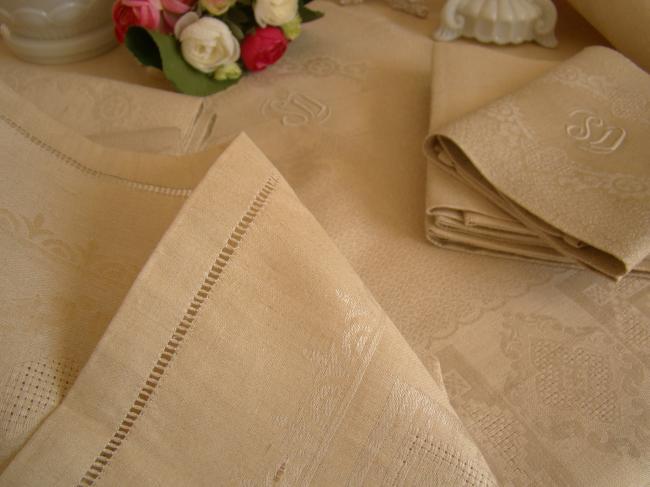 Superbe service de table et ses 12 serviettes, damas de lin, monogramme SD