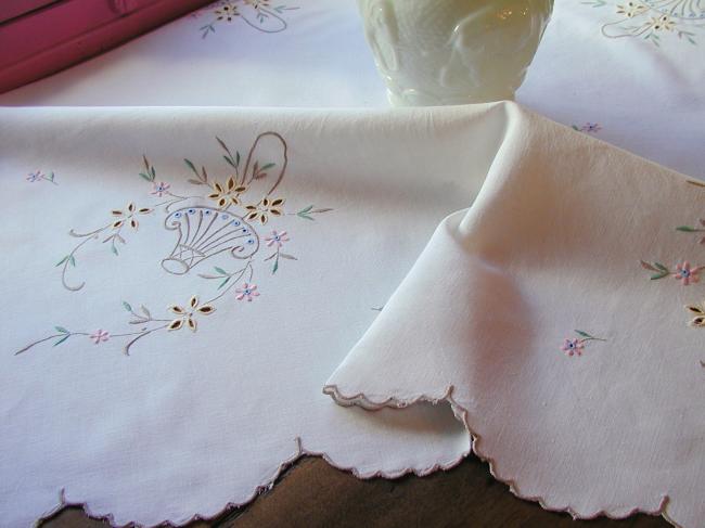 Adorable Madeira type tablecloth with embroidered colourful basket of flowers