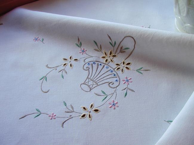 Adorable Madeira type tablecloth with embroidered colourful basket of flowers