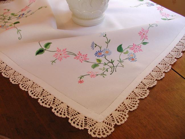 Really romantic tablecloth with hand-embroidered flowers and lace edging