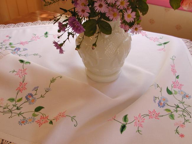 Really romantic tablecloth with hand-embroidered flowers and lace edging