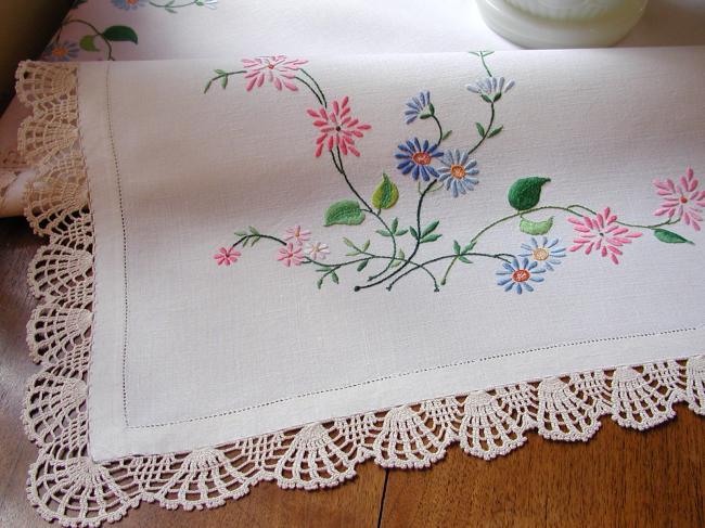 Really romantic tablecloth with hand-embroidered flowers and lace edging