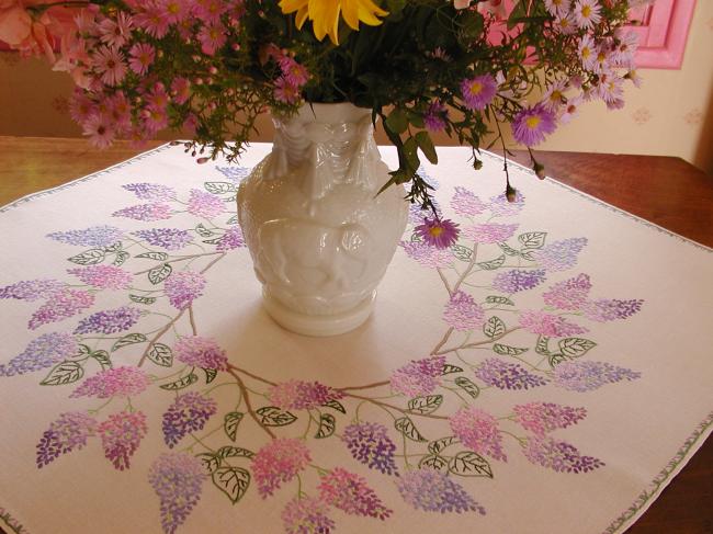 Breathtaking tablecloth with hand-embroidered blooming Lilac tree