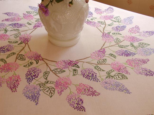 Breathtaking tablecloth with hand-embroidered blooming Lilac tree