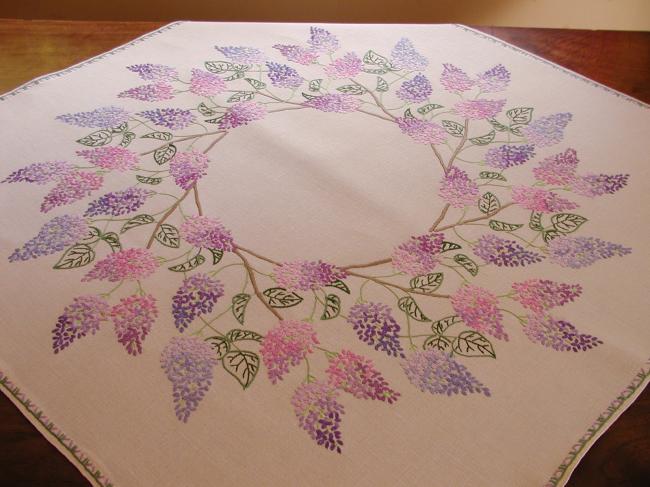 Breathtaking tablecloth with hand-embroidered blooming Lilac tree