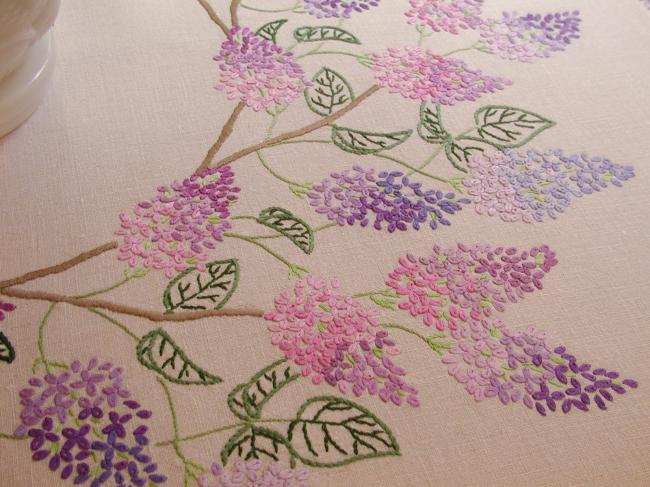 Breathtaking tablecloth with hand-embroidered blooming Lilac tree