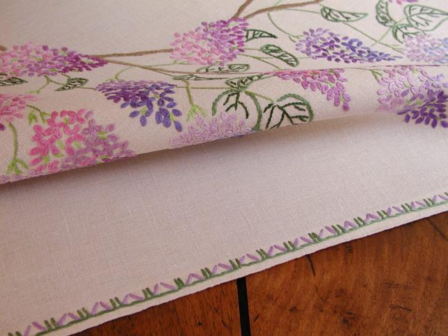 Breathtaking tablecloth with hand-embroidered blooming Lilac tree