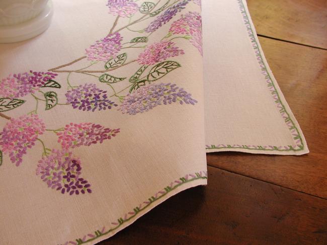 Breathtaking tablecloth with hand-embroidered blooming Lilac tree