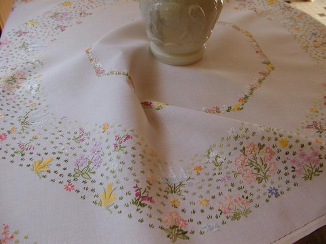 Breathtaking tablecloth with embroidered snowdrops and other Spring flowers