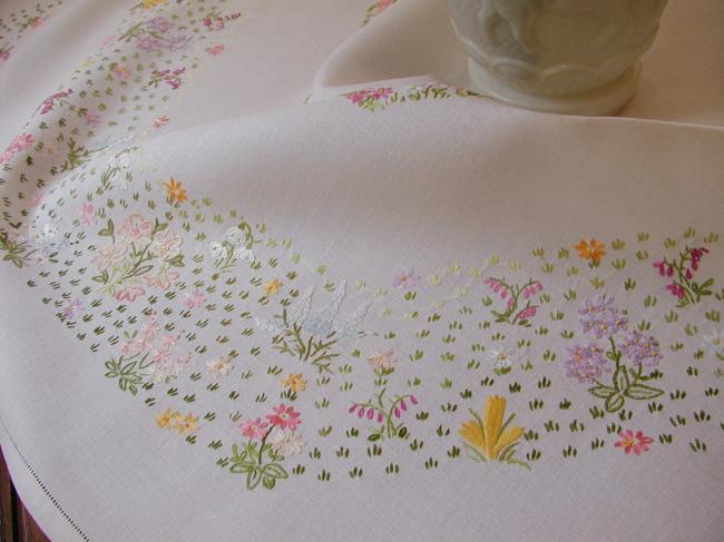 Breathtaking tablecloth with embroidered snowdrops and other Spring flowers