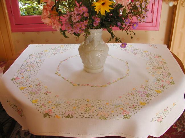 Breathtaking tablecloth with embroidered snowdrops and other Spring flowers