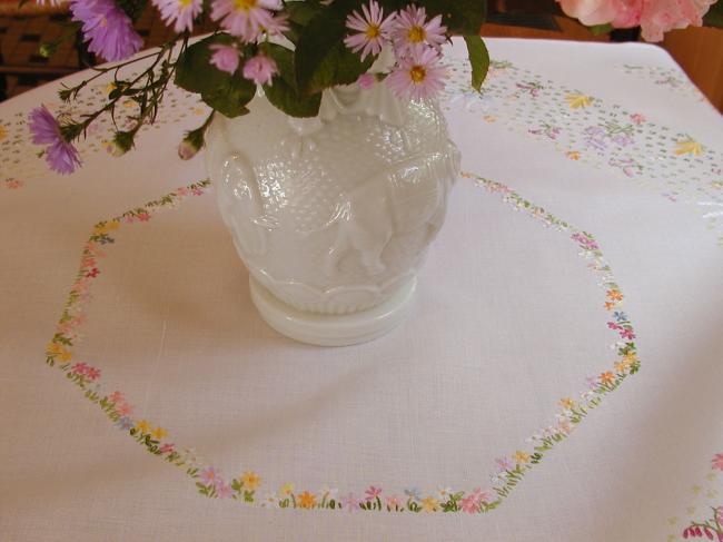 Breathtaking tablecloth with embroidered snowdrops and other Spring flowers