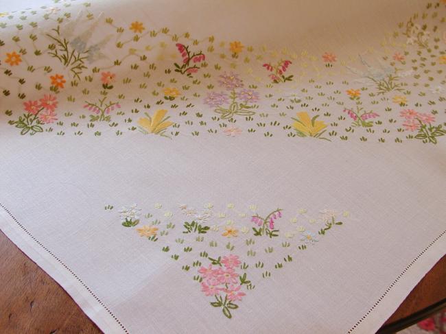 Breathtaking tablecloth with embroidered snowdrops and other Spring flowers