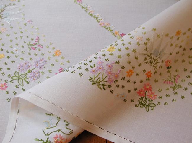 Breathtaking tablecloth with embroidered snowdrops and other Spring flowers