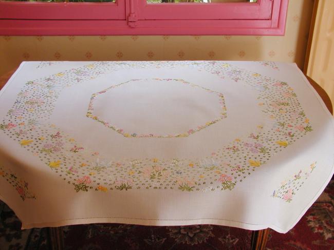 Breathtaking tablecloth with embroidered snowdrops and other Spring flowers