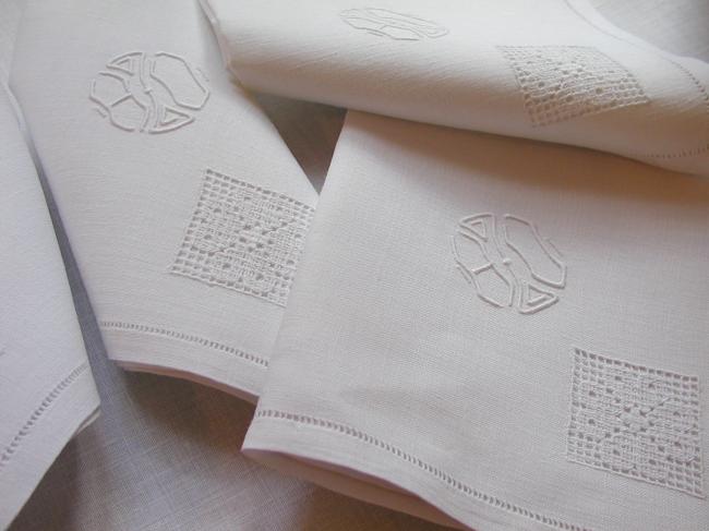 So sweet tea tablecloth with its 6 napkins, lovely handmade open embroidery