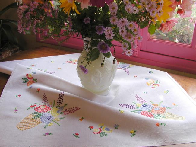 Lovely tablecloth with hand-embroidered large vase of flowers