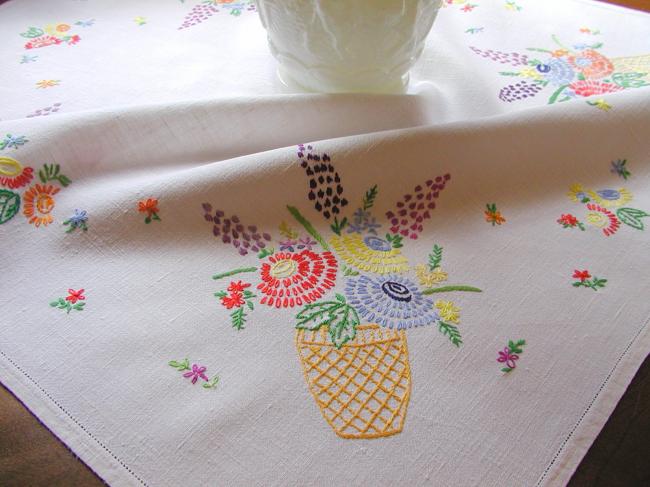 Lovely tablecloth with hand-embroidered large vase of flowers