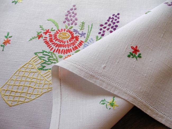 Lovely tablecloth with hand-embroidered large vase of flowers