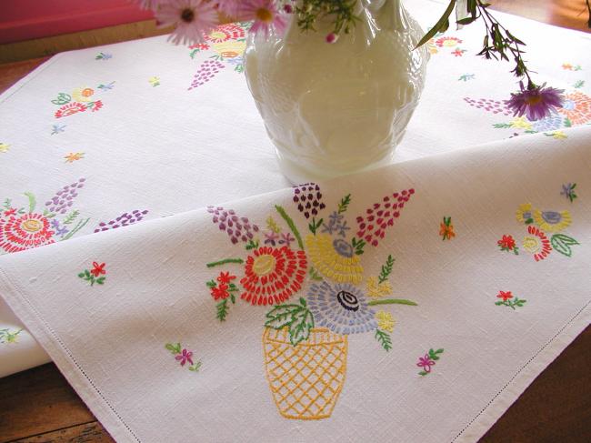 Lovely tablecloth with hand-embroidered large vase of flowers