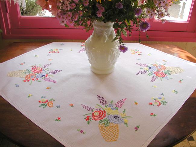 Lovely tablecloth with hand-embroidered large vase of flowers