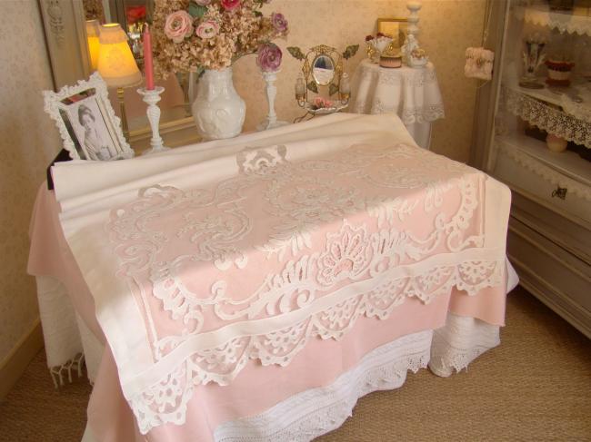 Superbe rideau store en lin et décor Louis XV sur tulle en appliqué 1900