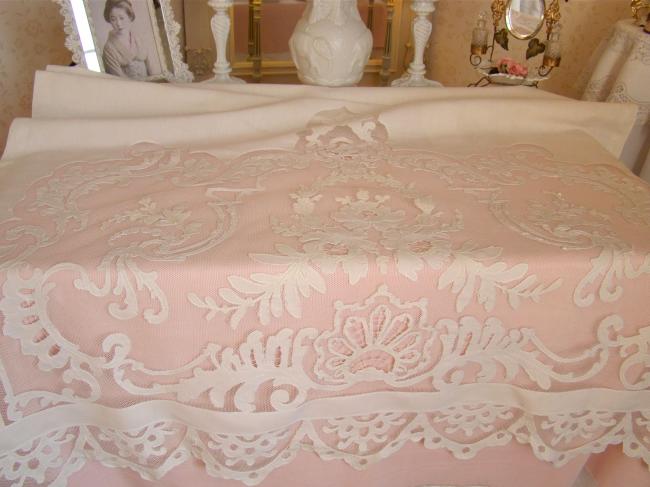 Superbe rideau store en lin et décor Louis XV sur tulle en appliqué 1900