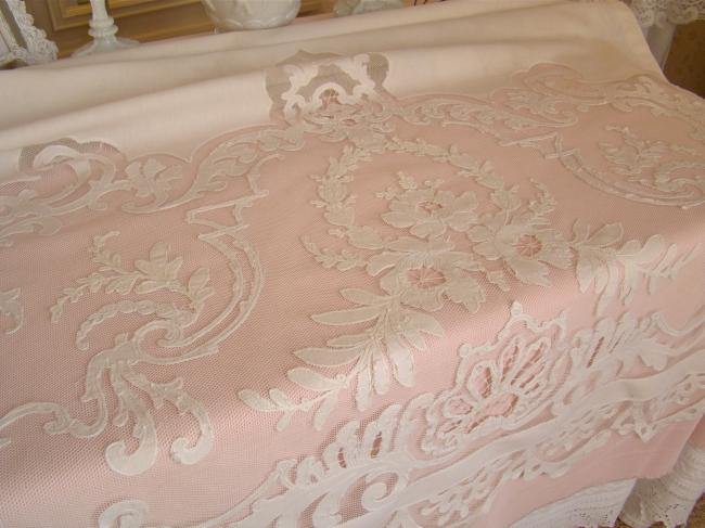 Superbe rideau store en lin et décor Louis XV sur tulle en appliqué 1900